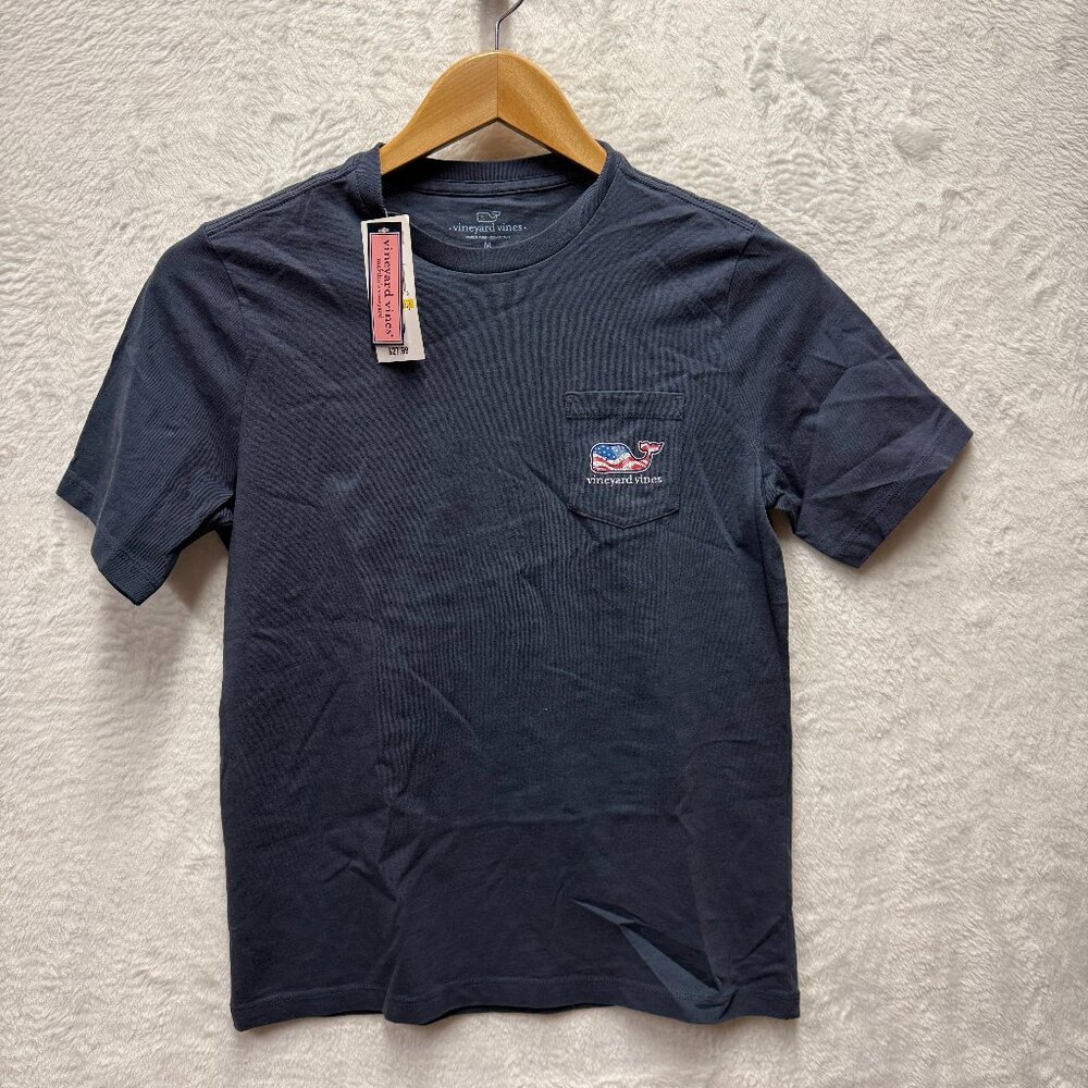 Vineyard Vines Pocket T-Shirt Boys M (12-14) Blue Blazer Waving Flag Whale Print